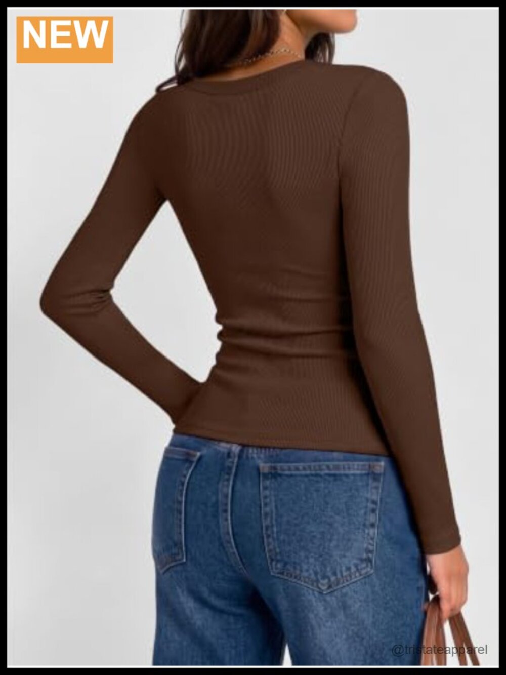 Square Neck Ribbed Long Sleeve Slim Fit Top Fall Basic - Picture 3 of 6